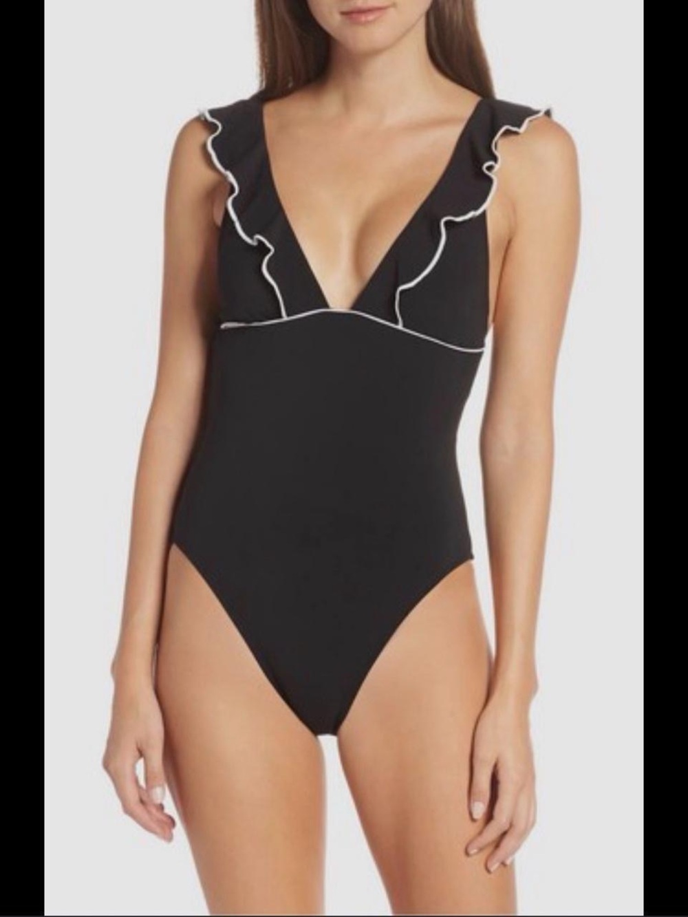 NWT Robin Piccone 191212 Malia Coquette Minimalist Black/White Ruffle , Size 6.